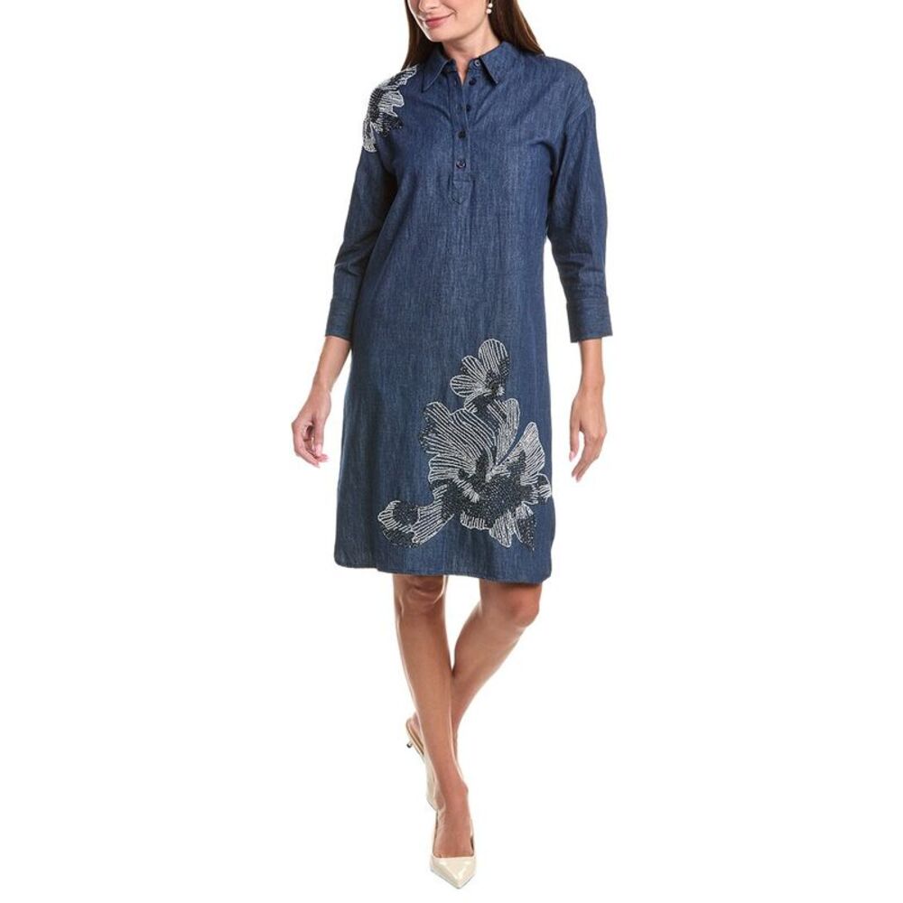 Teri Jon By Rickie Freeman Womens Denim Beaded Trim Tunic Dress, Blue